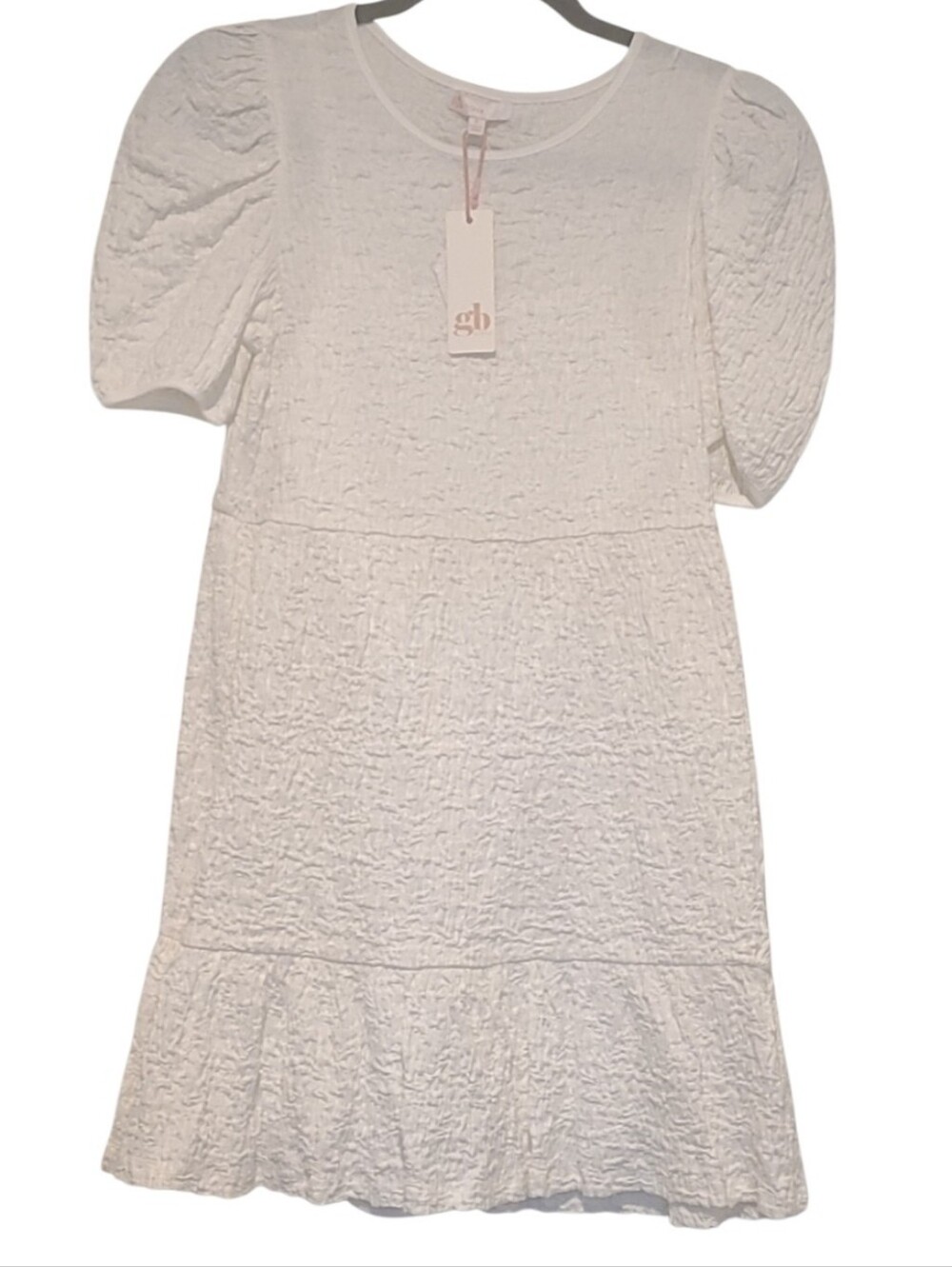 GB Girls White Crinkle Textured Puff Sleeve Ruffle Mini Dress Size Large L NWT